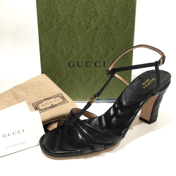 GUCCI GG LOGO MARMONT NAPPA MID HEEL SANDALS -BLACK LEATHER -WOMEN’S US 10 -NEW - Picture 1 of 11